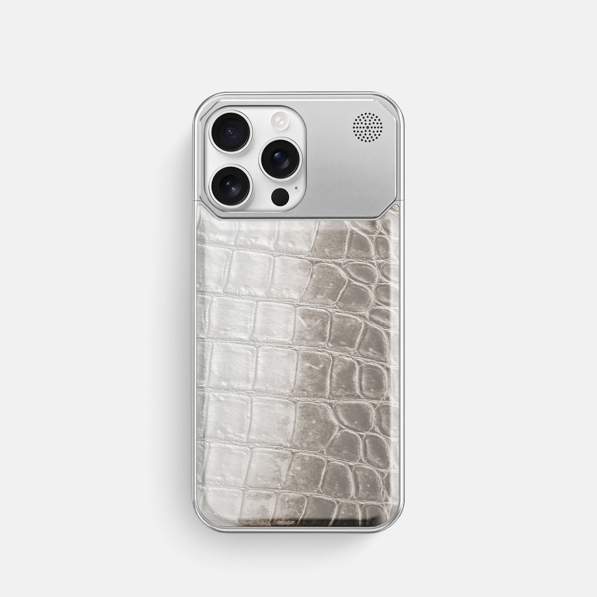 Grey iPhone 16 Pro Cyber Case Himalayan Crocodile with Steel -1 | Grey-Steel