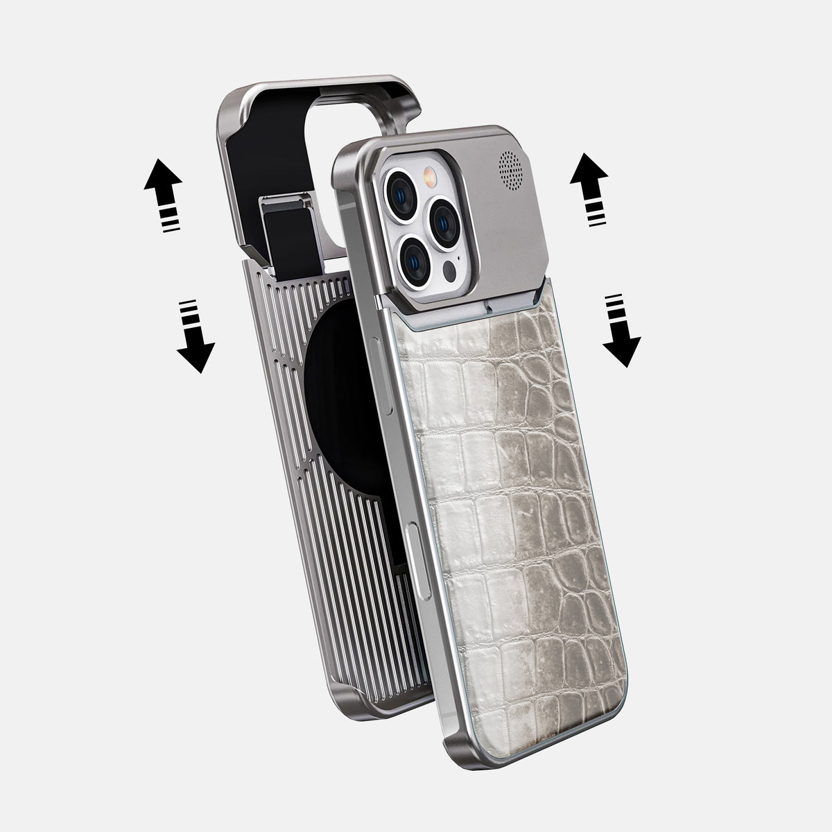 Grey iPhone 16 Pro Cyber Case Himalayan Crocodile with Steel -2 | Grey-Steel