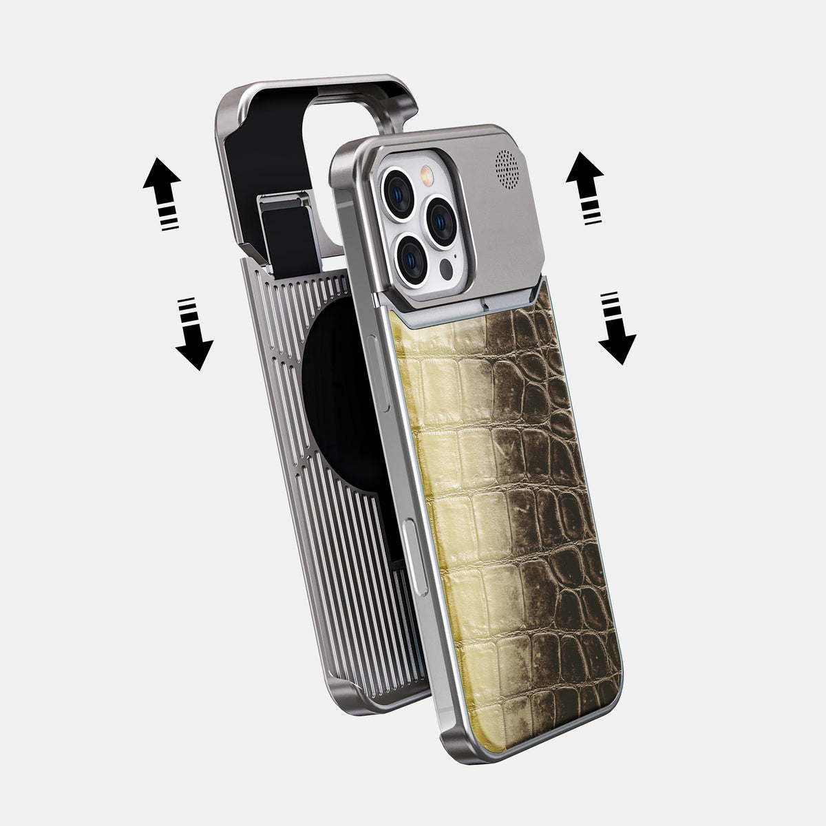 Natural iPhone 16 Pro Cyber Case Himalayan Crocodile with Steel -2 | Natural-Steel