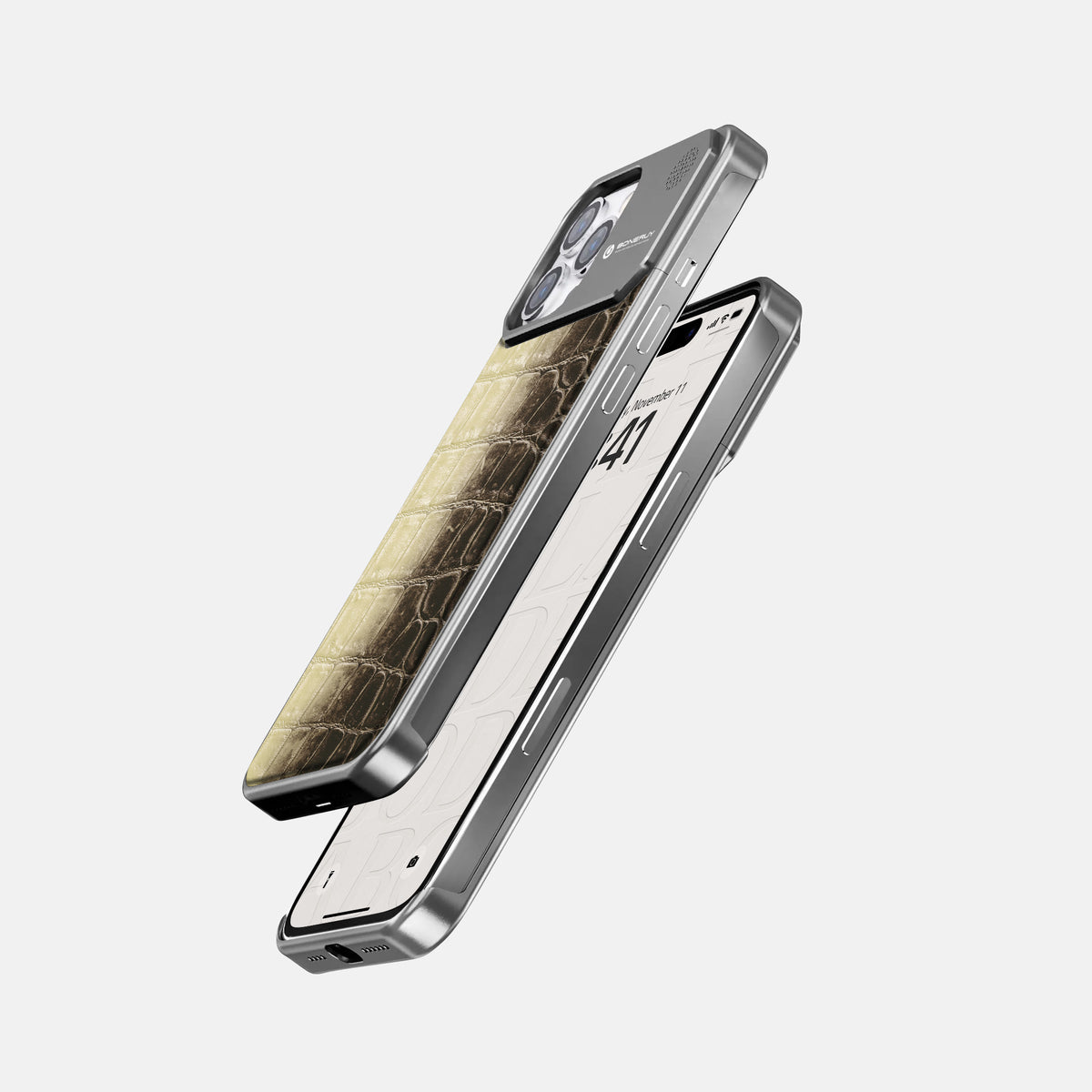 Natural iPhone 16 Pro Cyber Case Himalayan Crocodile with Steel -5 | Natural-Steel