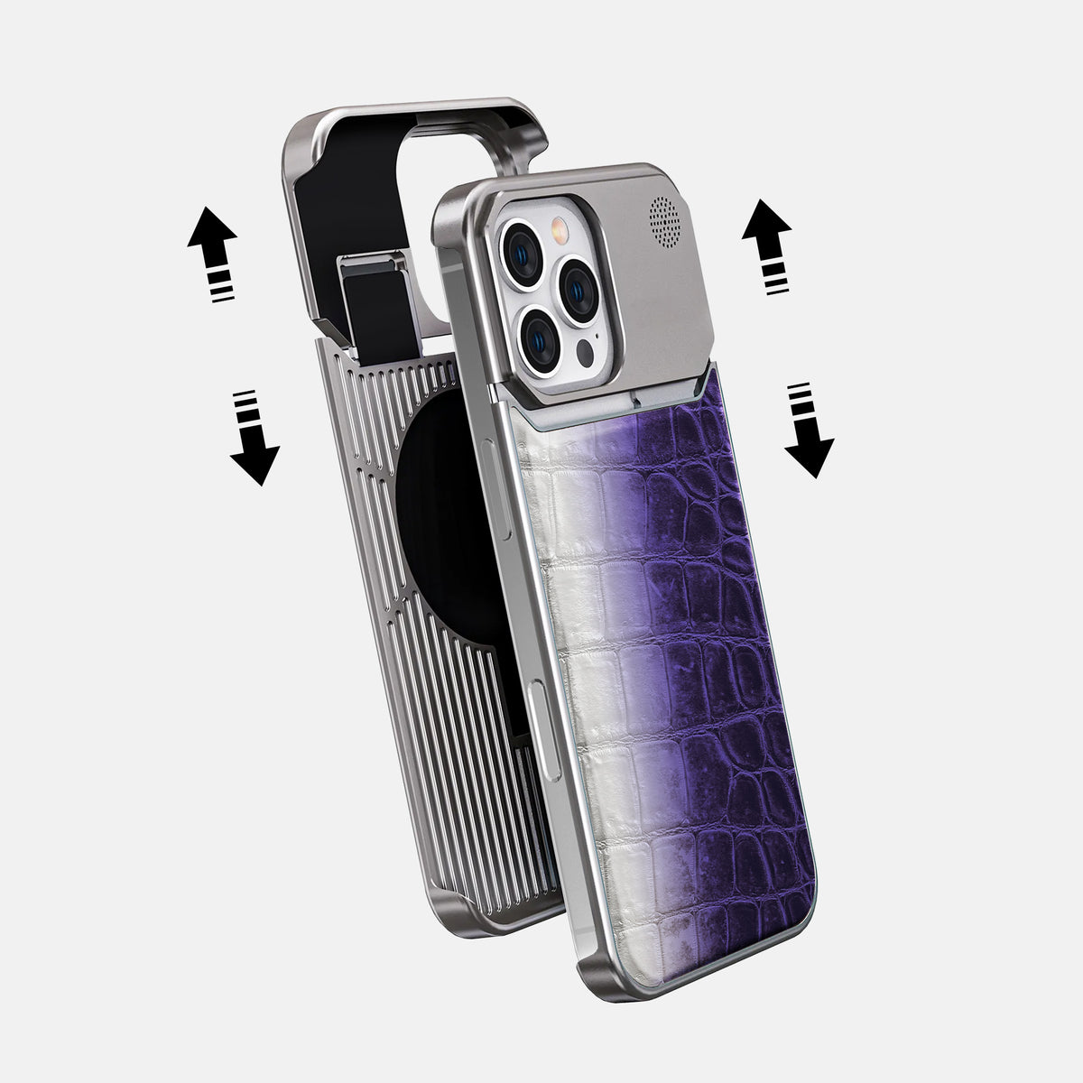 Purple iPhone 16 Pro Cyber Case Himalayan Crocodile with Steel -2 | Purple-Steel