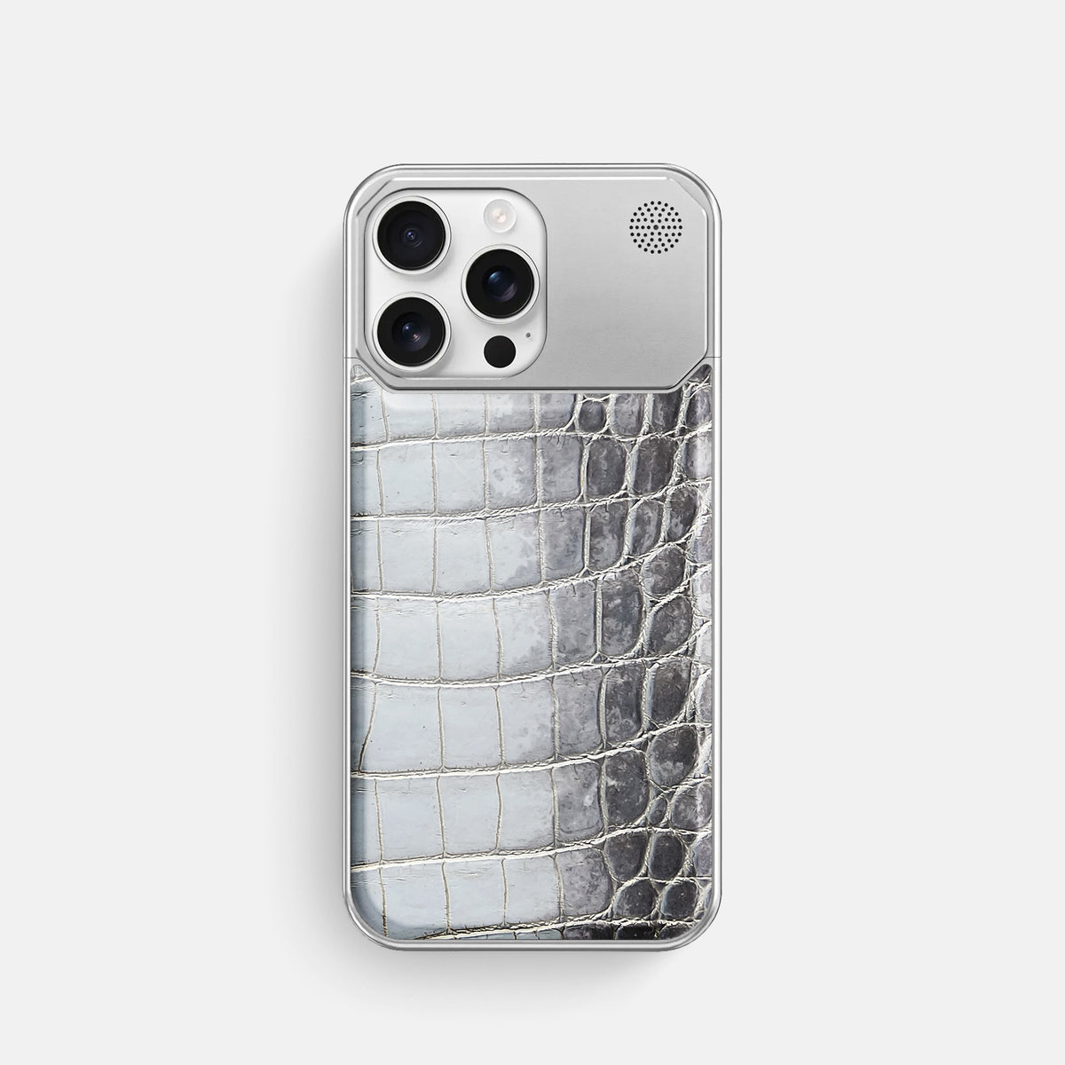 Silver iPhone 16 Pro Cyber Case Himalayan Crocodile with Steel -1 | Silver-Steel