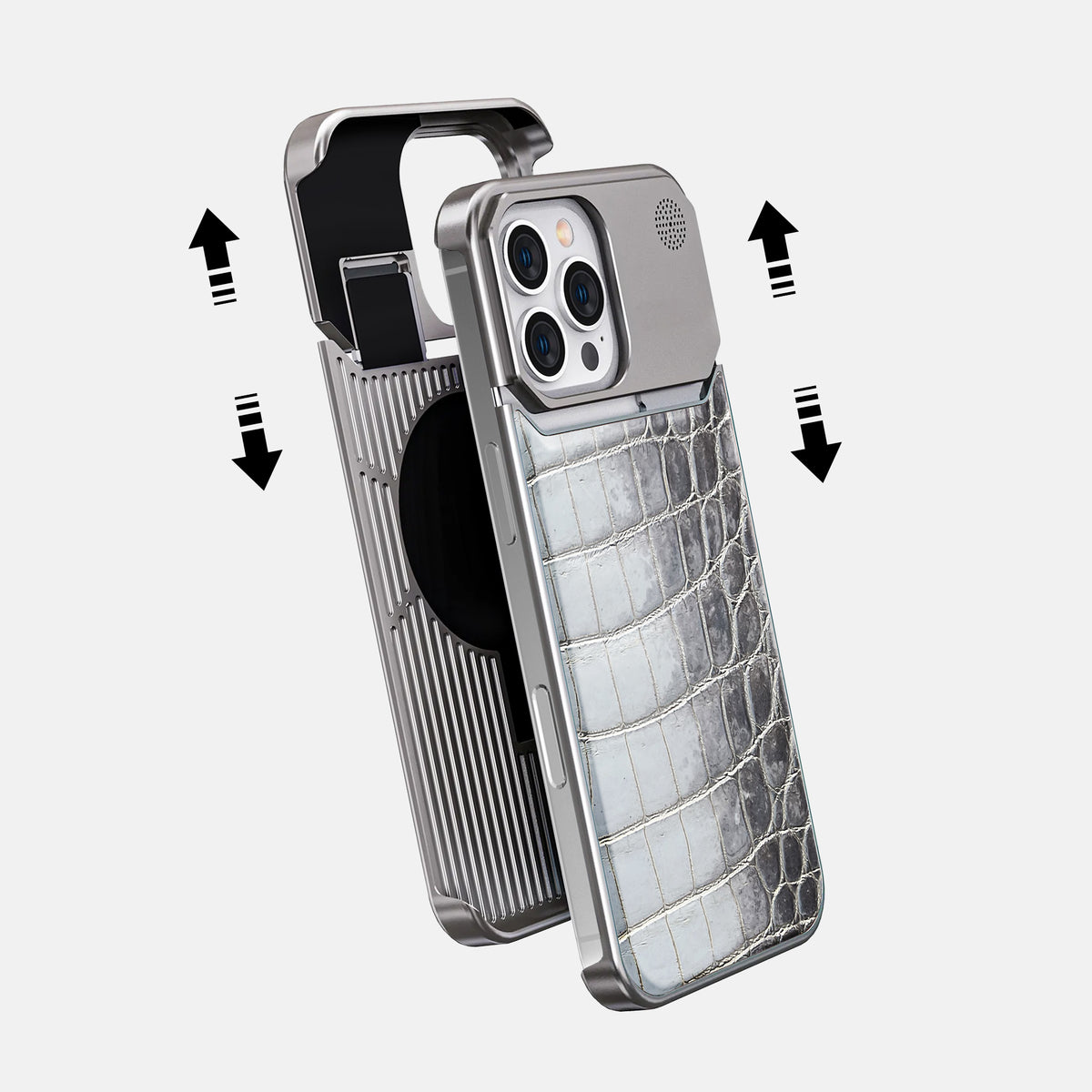 Silver iPhone 16 Pro Cyber Case Himalayan Crocodile with Steel -2 | Silver-Steel