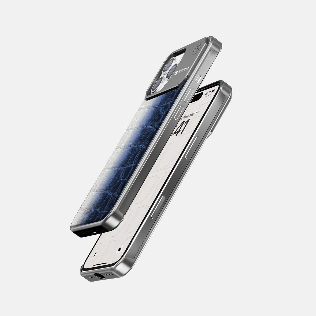 Navy Blue iPhone 16 Pro Max Cyber Case Himalayan Crocodile with Steel -5 | Navy-Blue-Steel