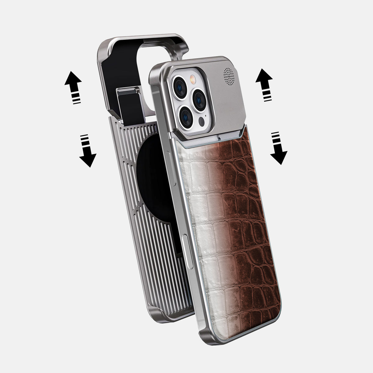 Dark Brown iPhone 16 Pro Max Cyber Case Himalayan Crocodile with Steel -2 | Dark-Brown-Steel