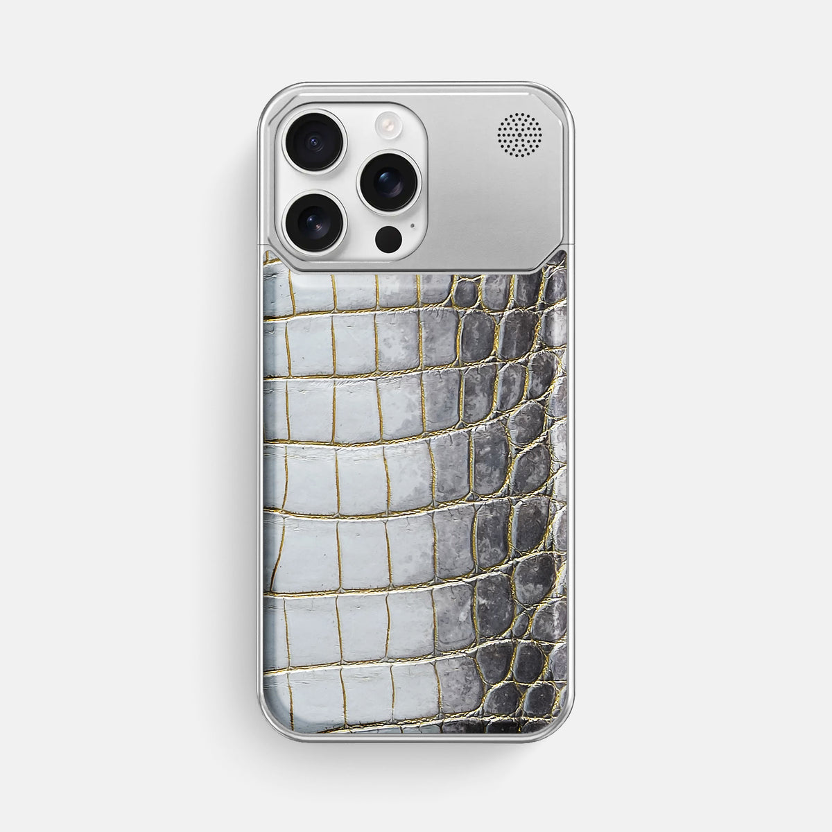 Gold iPhone 16 Pro Max Cyber Case Himalayan Crocodile with Steel -1 | Gold-Steel