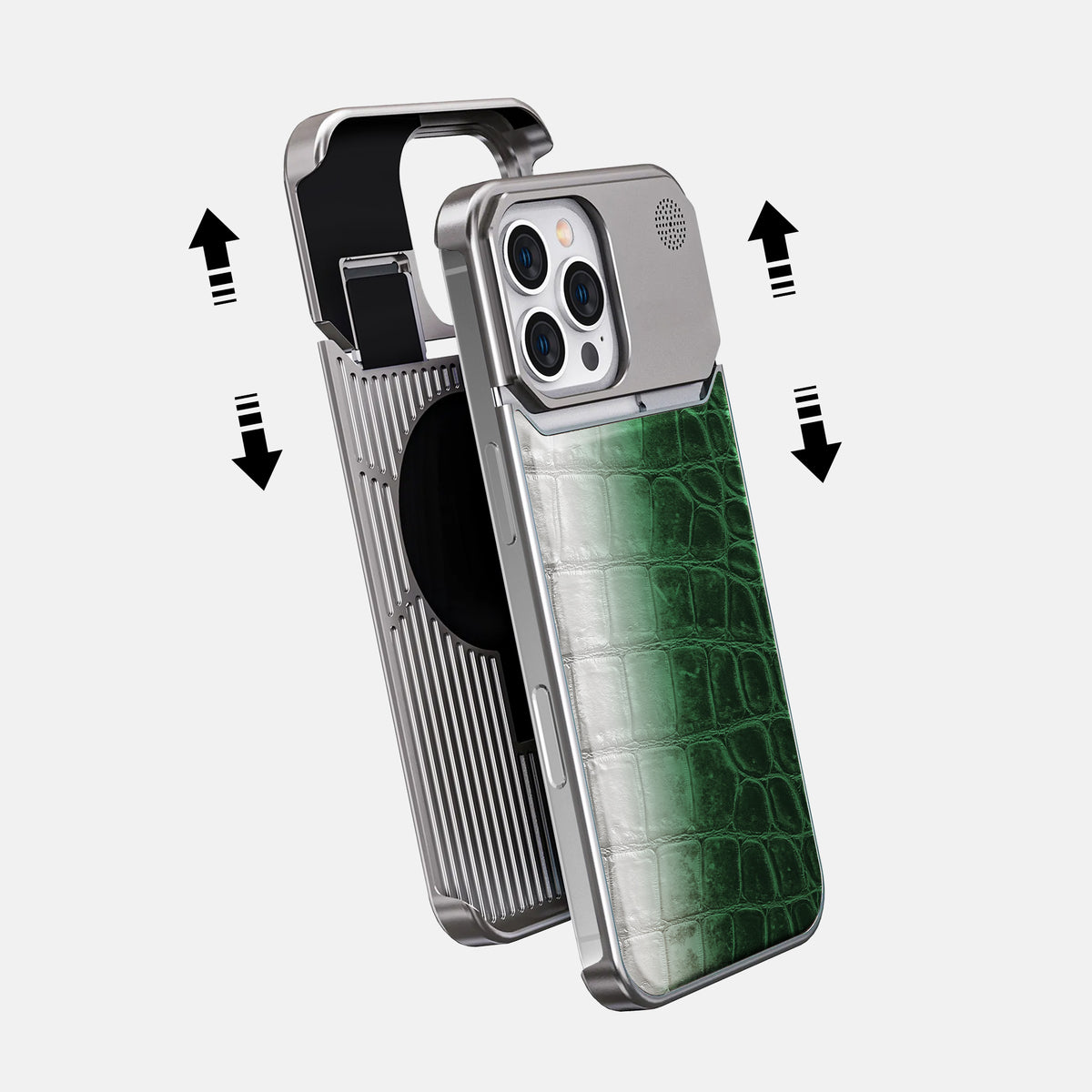 Green iPhone 16 Pro Max Cyber Case Himalayan Crocodile with Steel -2 | Green-Steel