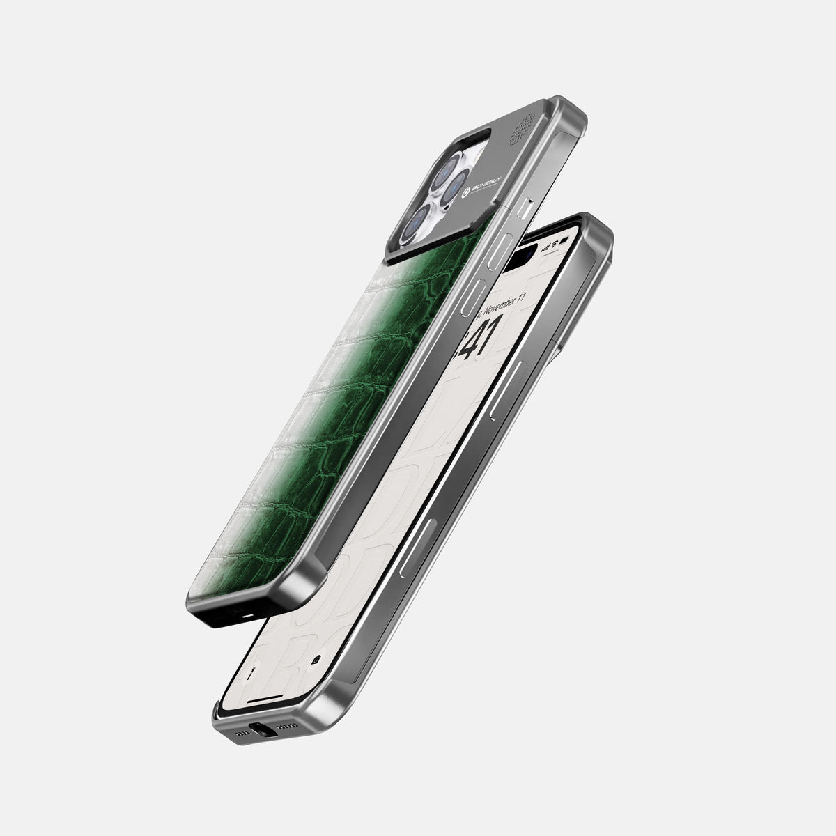 Green iPhone 16 Pro Max Cyber Case Himalayan Crocodile with Steel -5 | Green-Steel
