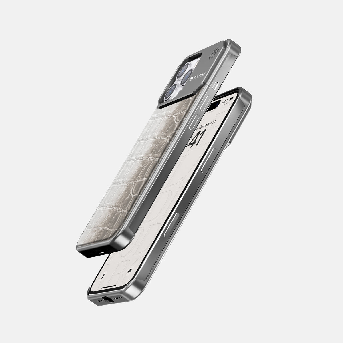Grey iPhone 16 Pro Max Cyber Case Himalayan Crocodile with Steel -5 | Grey-Steel