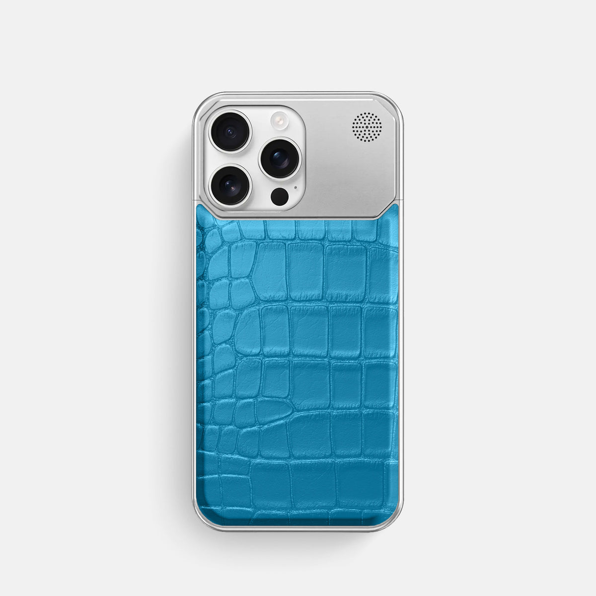 Curaçao-Blue iPhone 16 Pro Cyber Case In Alligator with Steel -1 | Curaçao-Blue-Steel