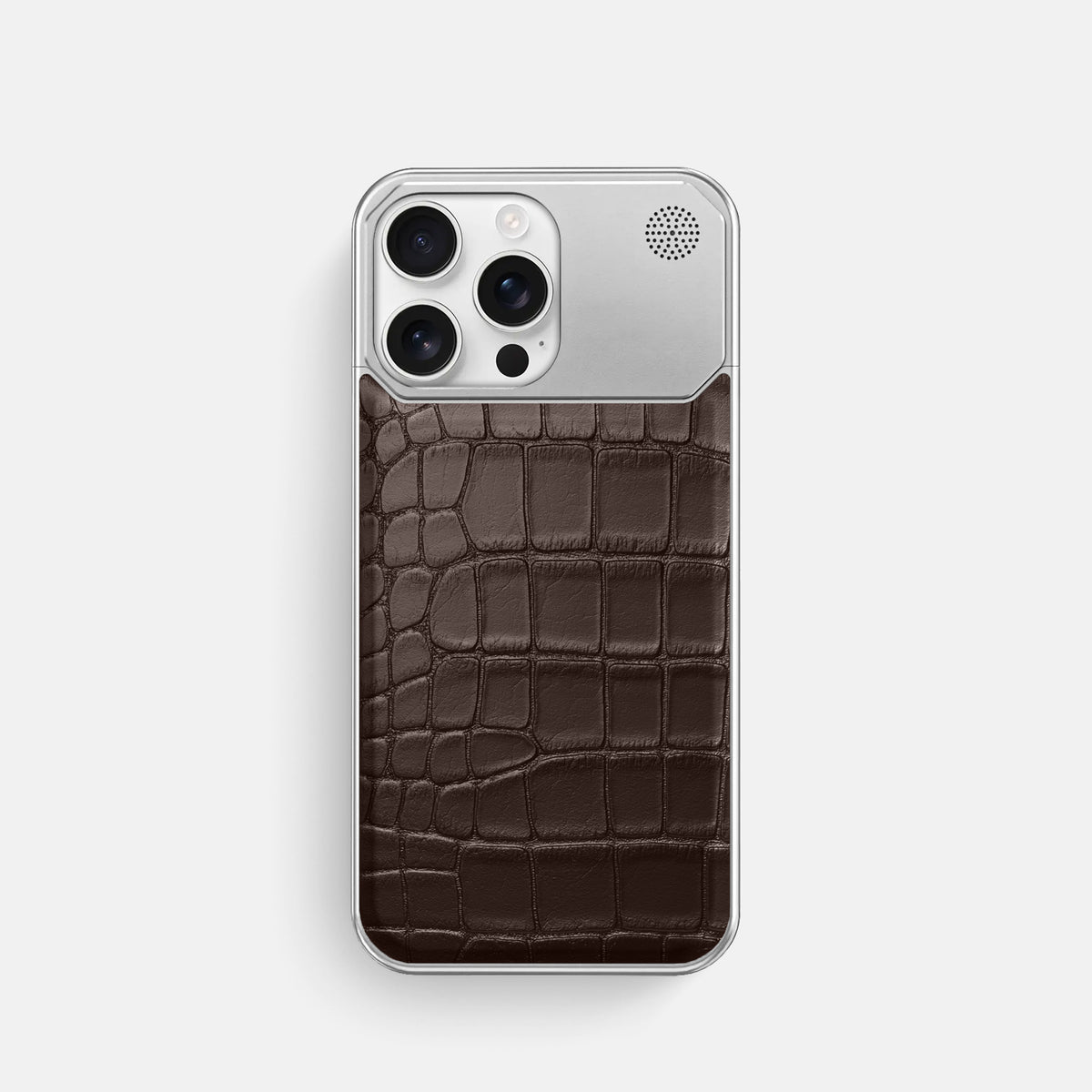 Dark-Brown iPhone 16 Pro Cyber Case In Alligator with Steel -1 | Dark-Brown-Steel