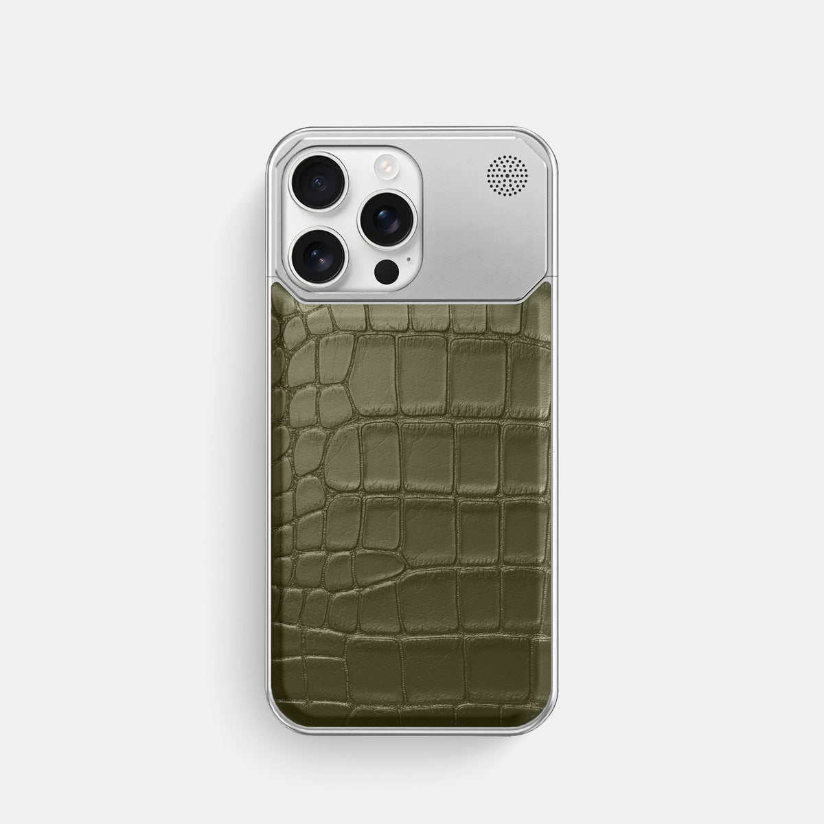 Kaki-Green iPhone 16 Pro Cyber Case In Alligator with Steel -1 | Kaki-Green-Steel