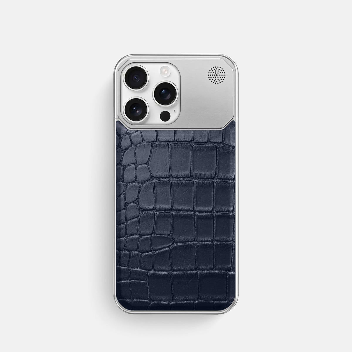 Navy Blue iPhone 16 Pro Cyber Case In Alligator with Steel -1 | Navy-Blue-Steel