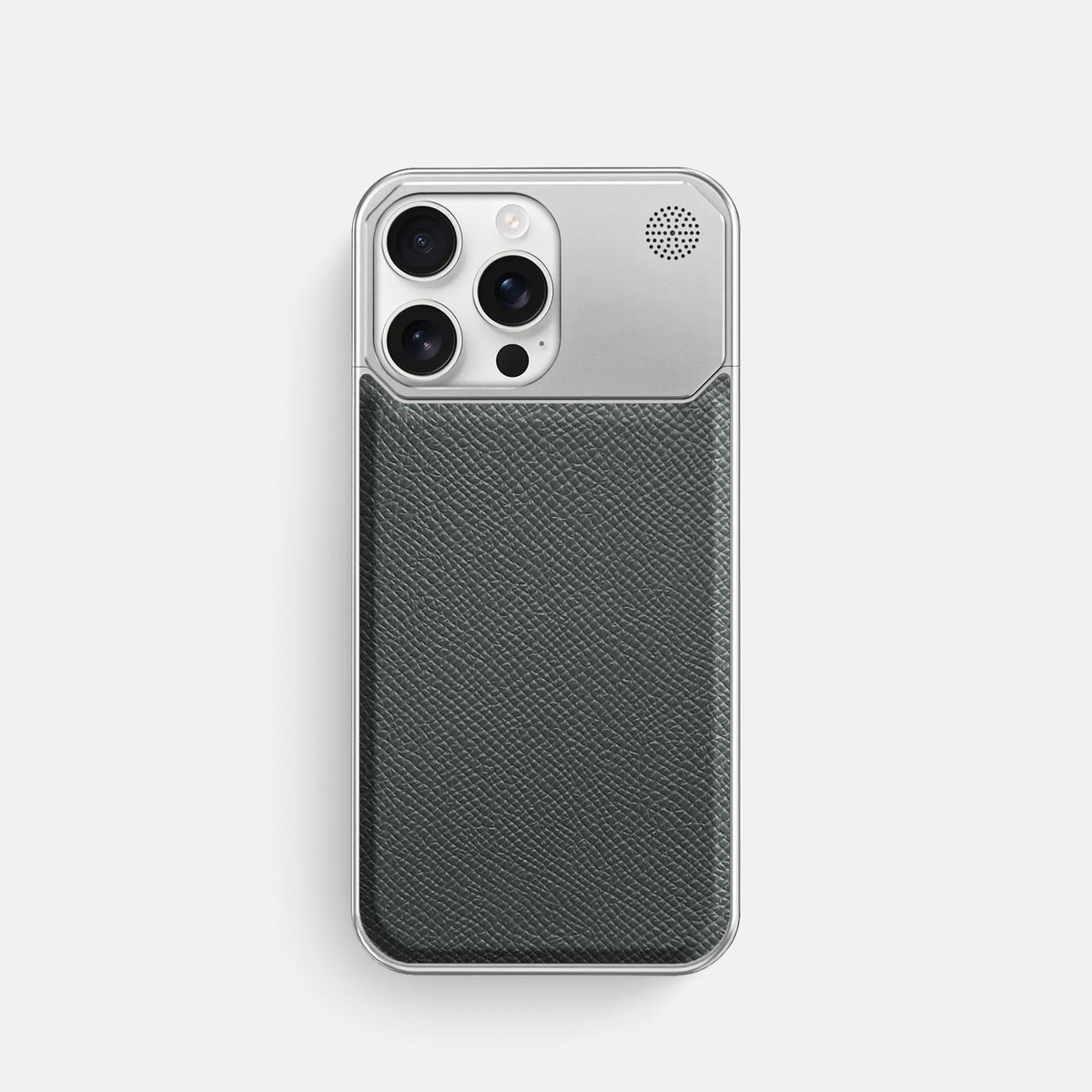 Grey iPhone 16 Pro Cyber Case Epsom-Calf with Steel Metal -1 | Grey-Steel