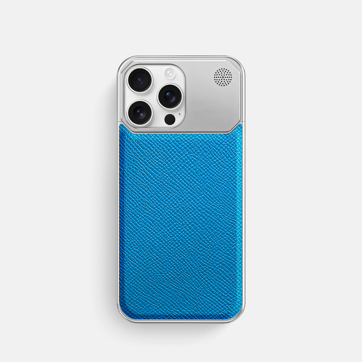 Sky-Blue iPhone 16 Pro Cyber Case Epsom-Calf with Steel Metal -1 | Sky-Blue-Steel