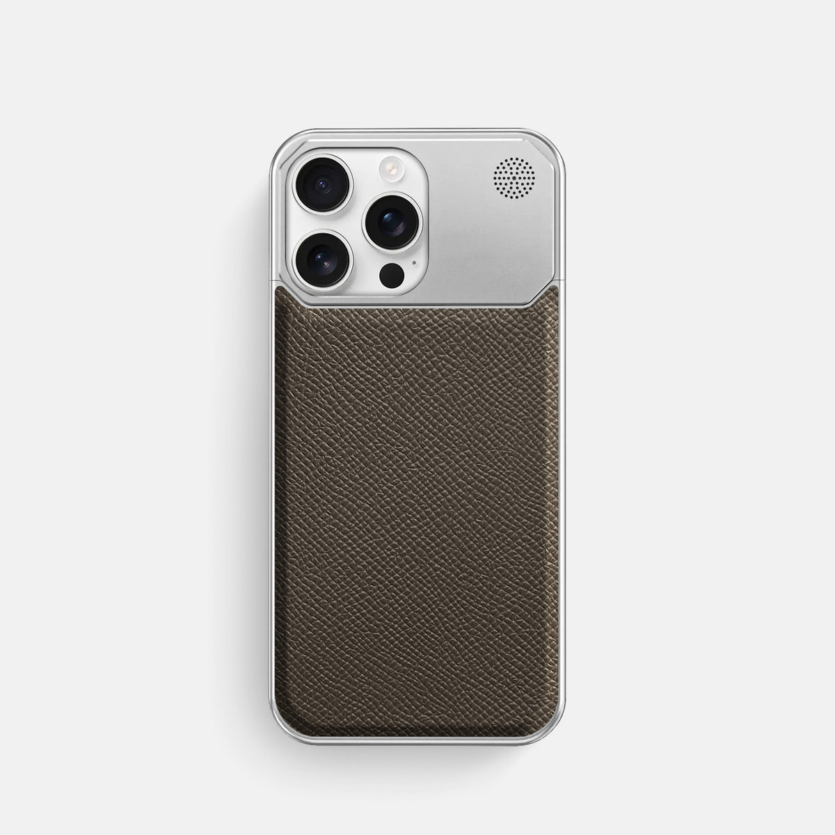 Taupe iPhone 16 Pro Cyber Case Epsom-Calf with Steel Metal -1 | Taupe-Steel