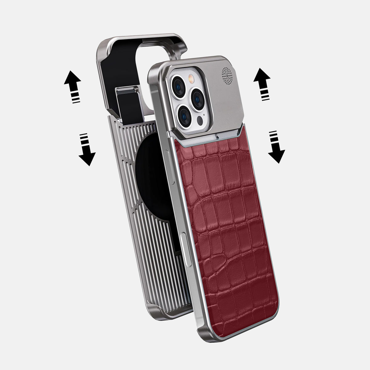 Burgundy iPhone 16 Pro Max Cyber Case In Alligator with Steel -2 | Burgundy-Steel