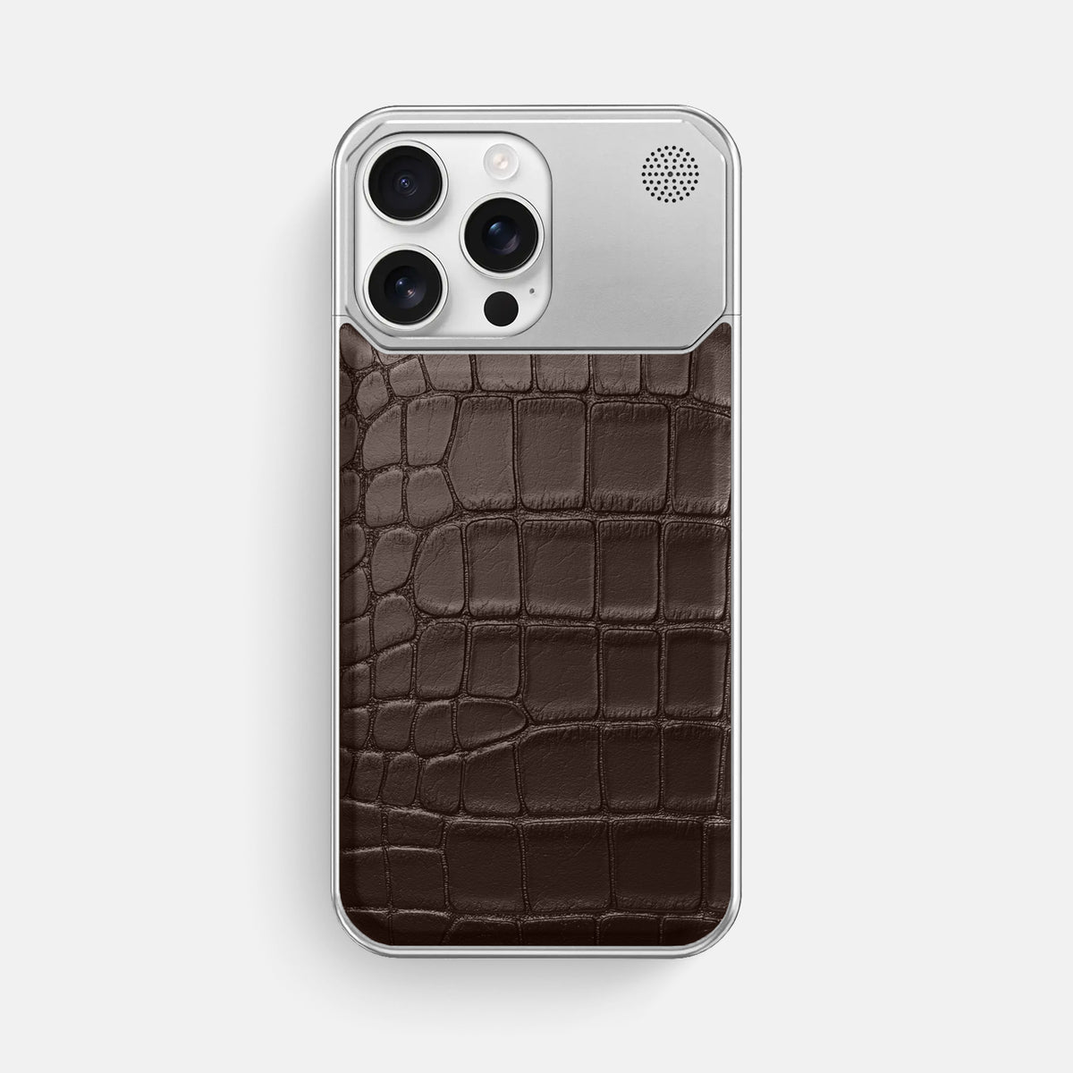 Dark-Brown iPhone 16 Pro Max Cyber Case In Alligator with Steel -1 | Dark-Brown-Steel