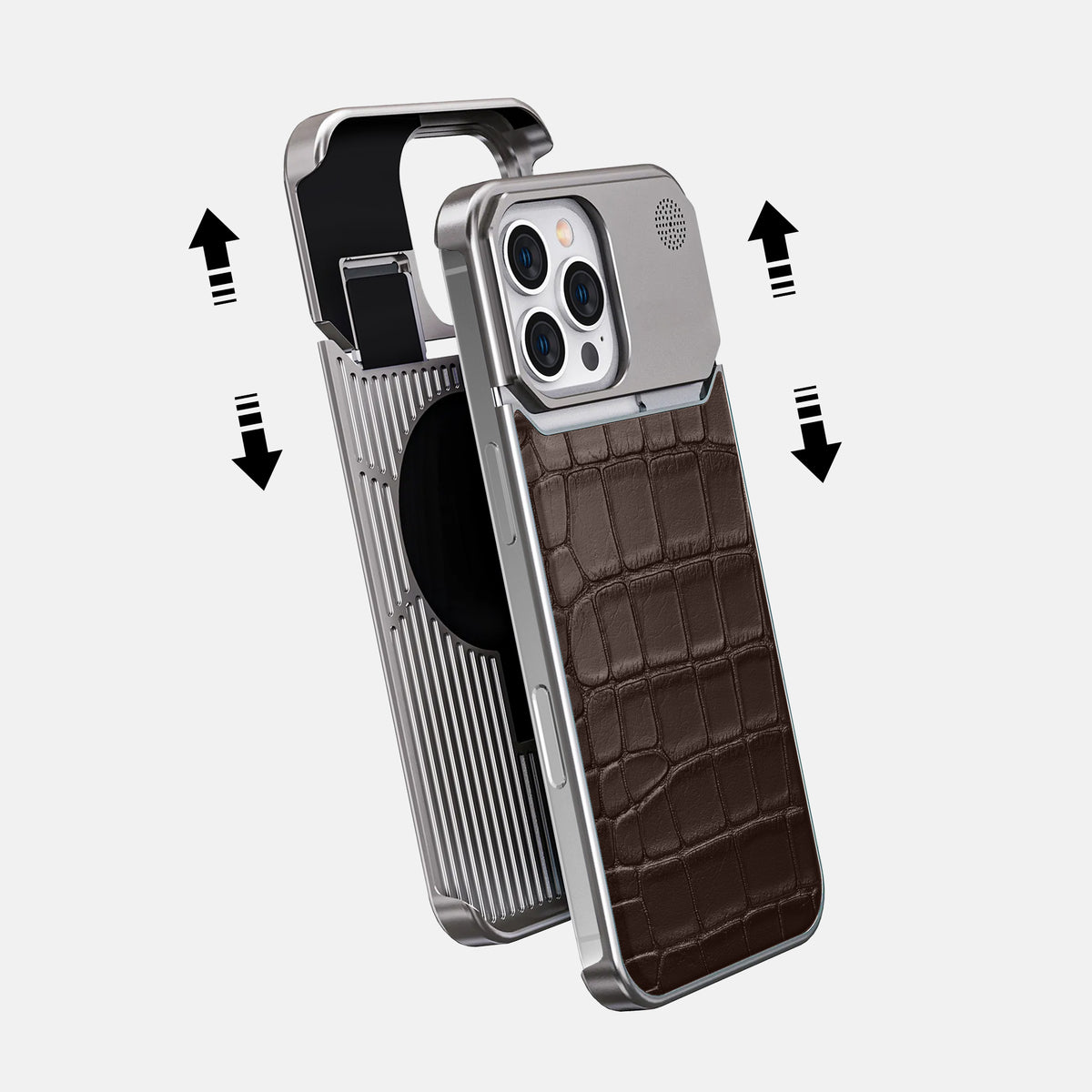 Dark-Brown iPhone 16 Pro Max Cyber Case In Alligator with Steel -2 | Dark-Brown-Steel