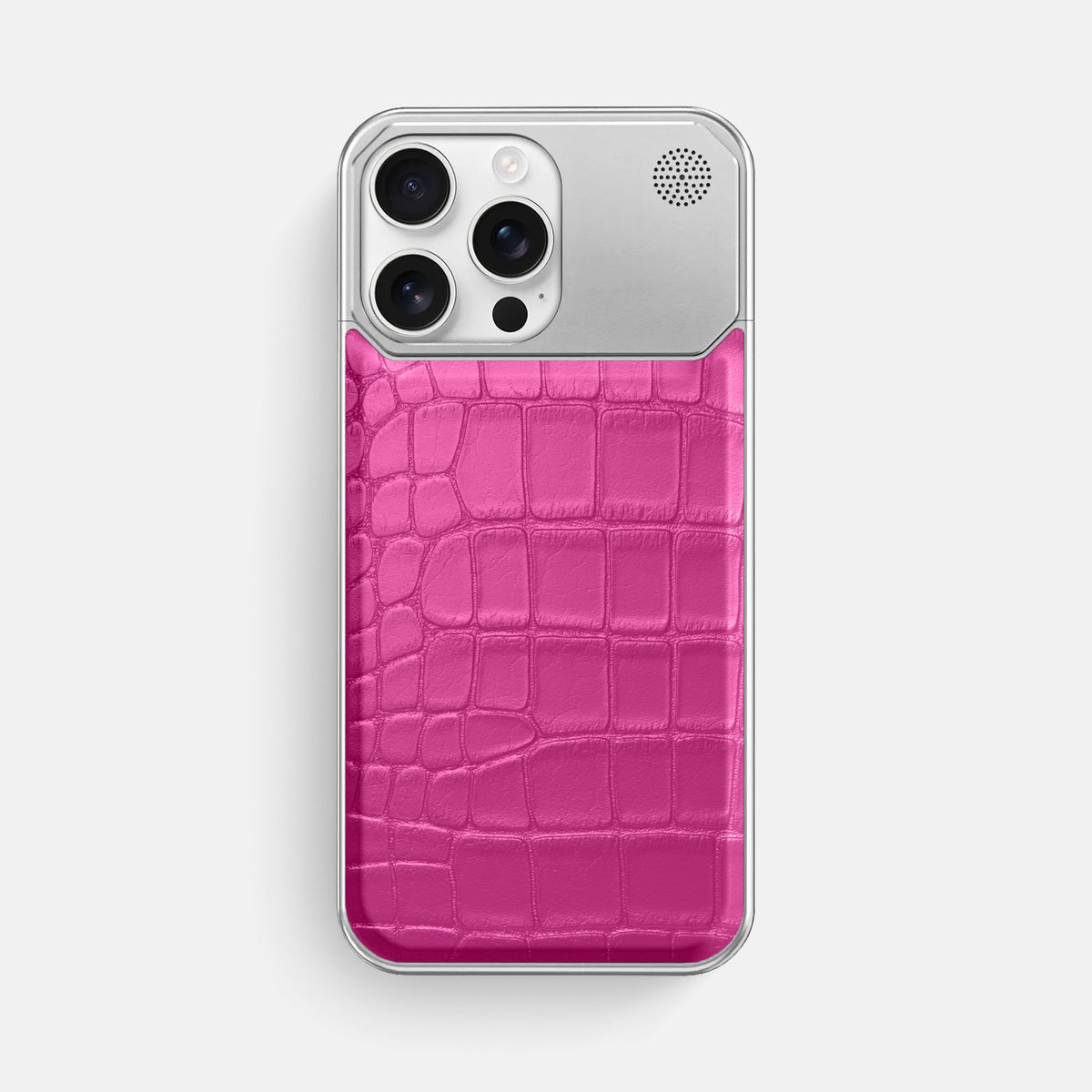 Fuchsia iPhone 16 Pro Max Cyber Case In Alligator with Steel -1 | Fuchsia-Steel