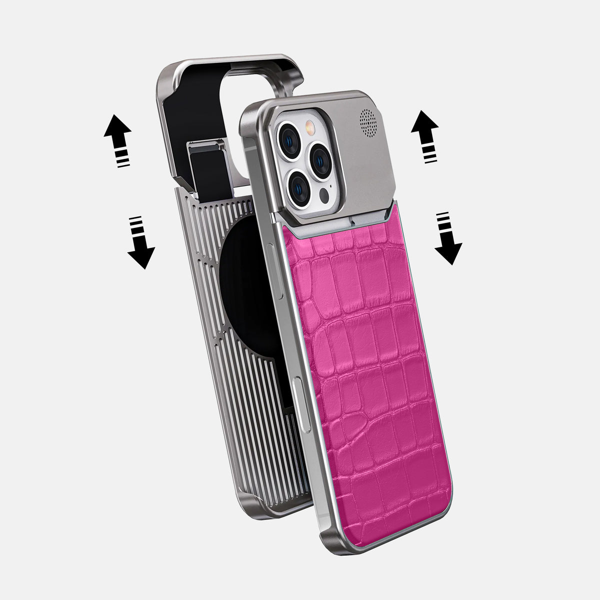Fuchsia iPhone 16 Pro Max Cyber Case In Alligator with Steel -2 | Fuchsia-Steel
