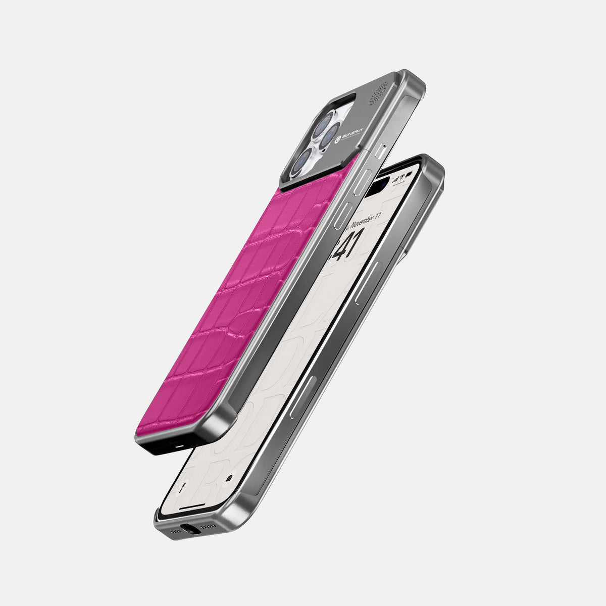 Fuchsia iPhone 16 Pro Max Cyber Case In Alligator with Steel -5 | Fuchsia-Steel