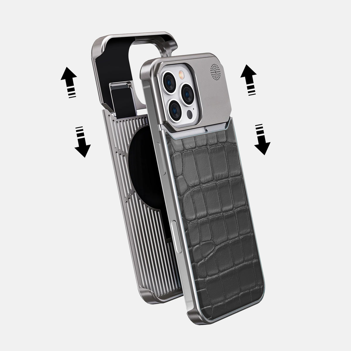 Grey iPhone 16 Pro Max Cyber Case In Alligator with Steel -2 | Grey-Steel