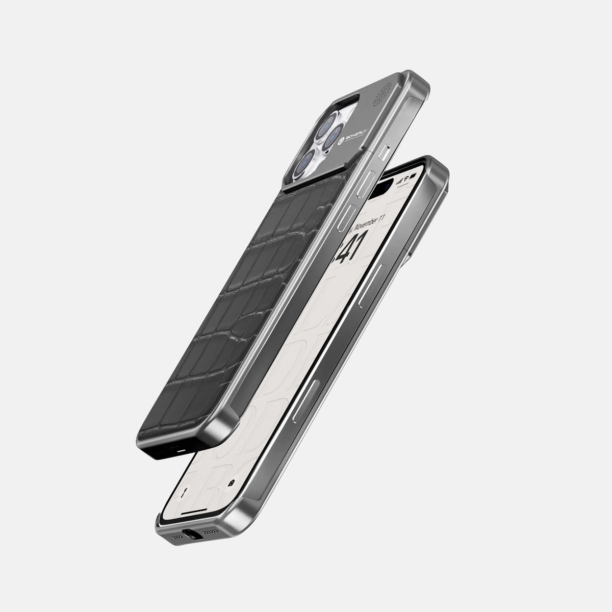 Grey iPhone 16 Pro Max Cyber Case In Alligator with Steel -5 | Grey-Steel