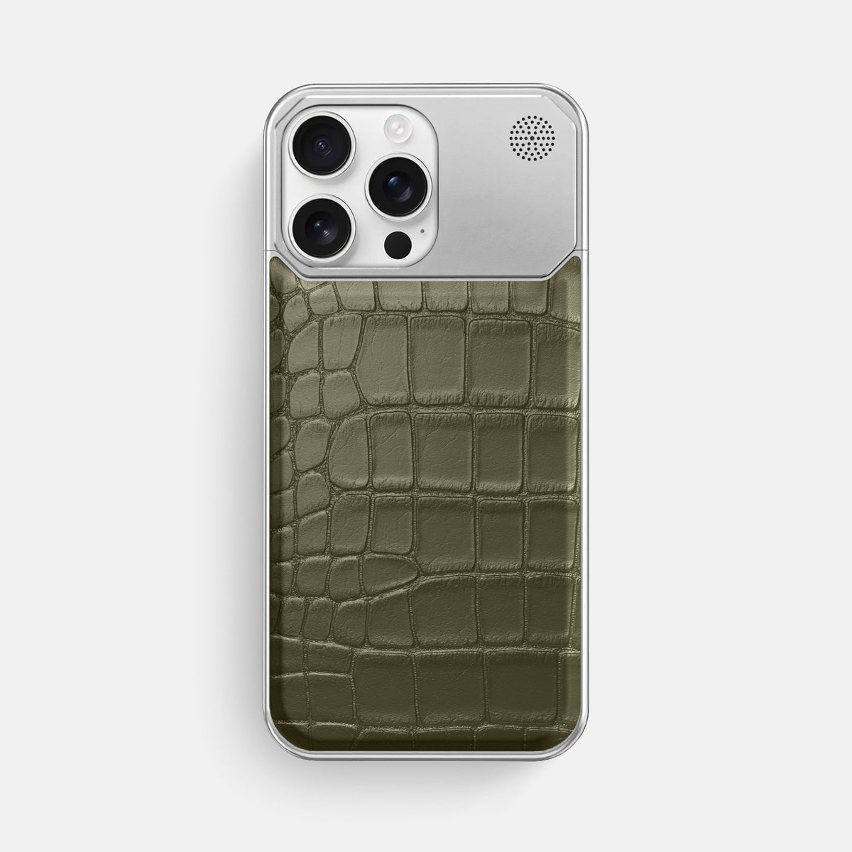 Kaki-Green iPhone 16 Pro Max Cyber Case In Alligator with Steel -1 | Kaki-Green-Steel