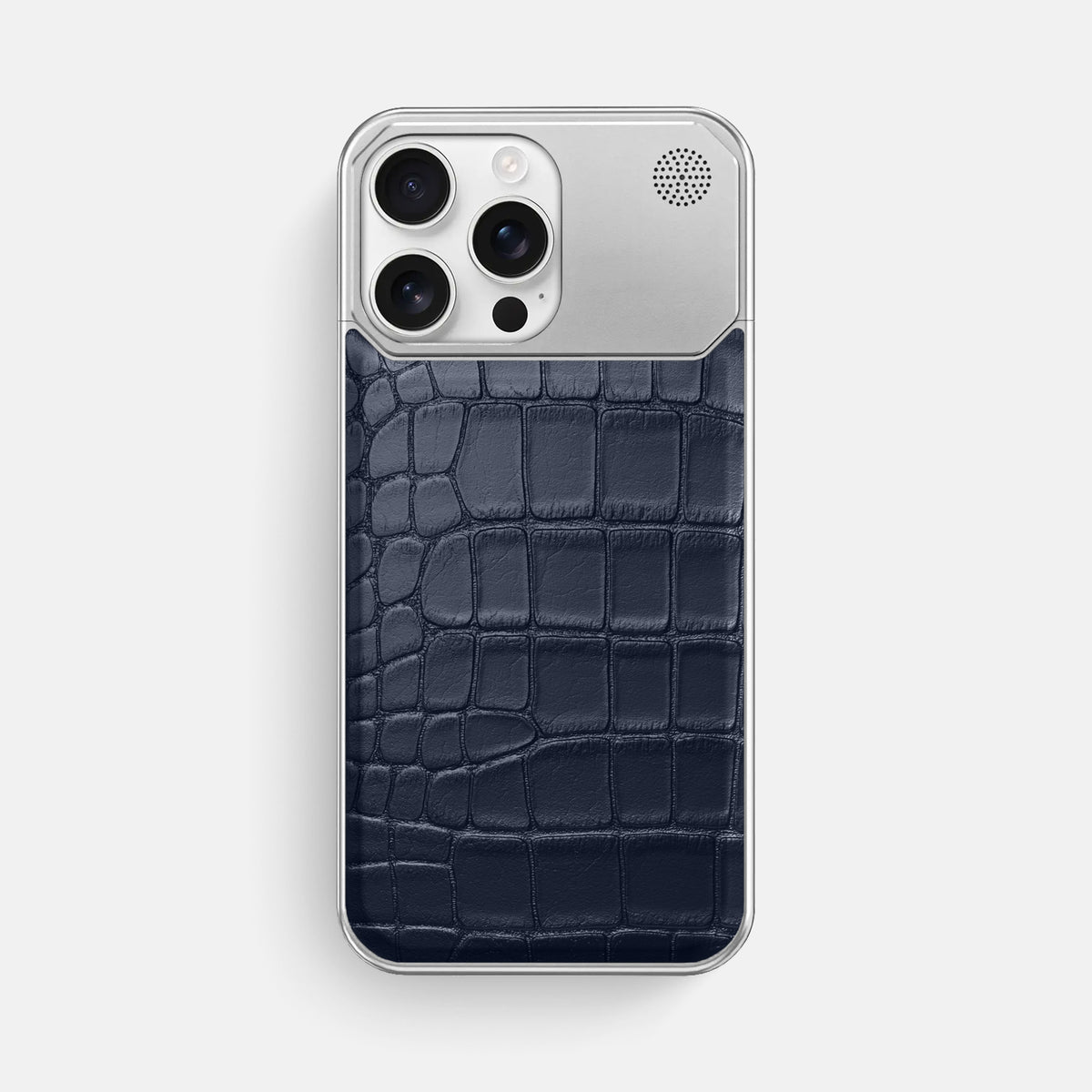 Navy Blue iPhone 16 Pro Max Cyber Case In Alligator with Steel -1 | Navy-Blue-Steel