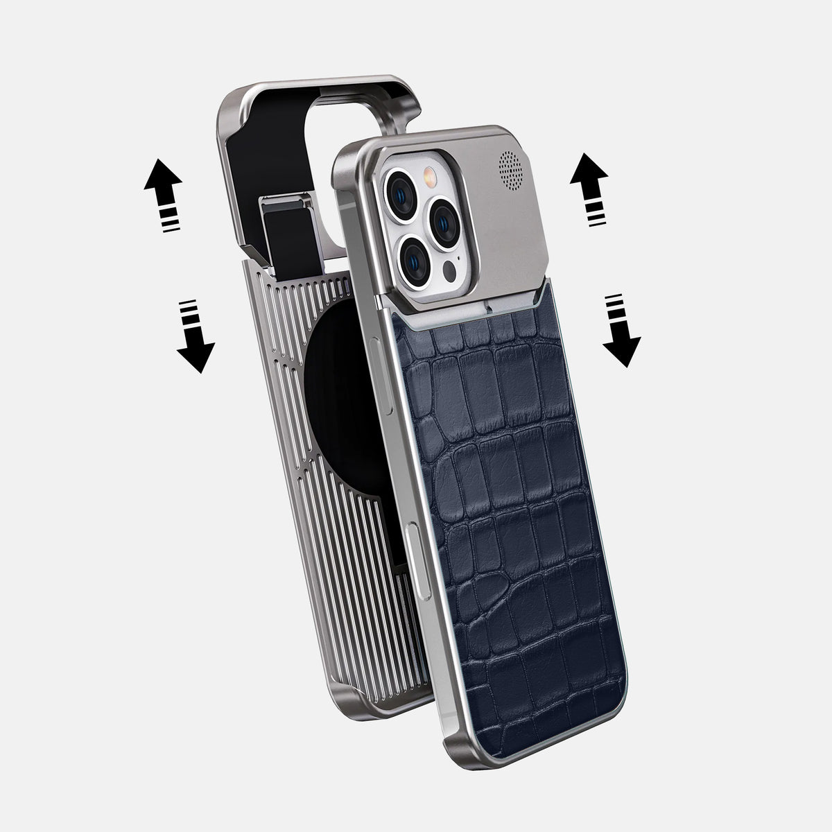Navy Blue iPhone 16 Pro Max Cyber Case In Alligator with Steel -2 | Navy-Blue-Steel