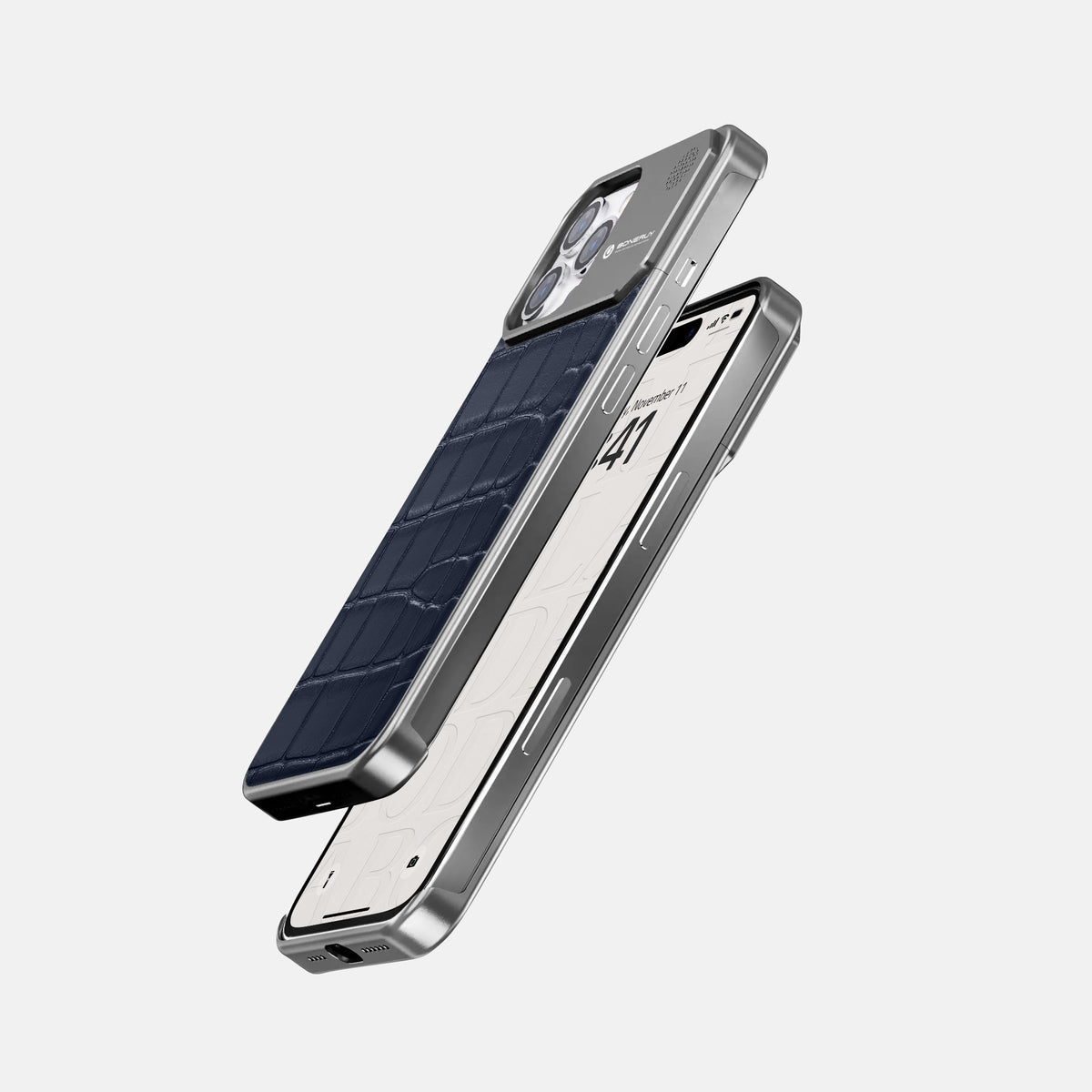 Navy Blue iPhone 16 Pro Max Cyber Case In Alligator with Steel -5 | Navy-Blue-Steel