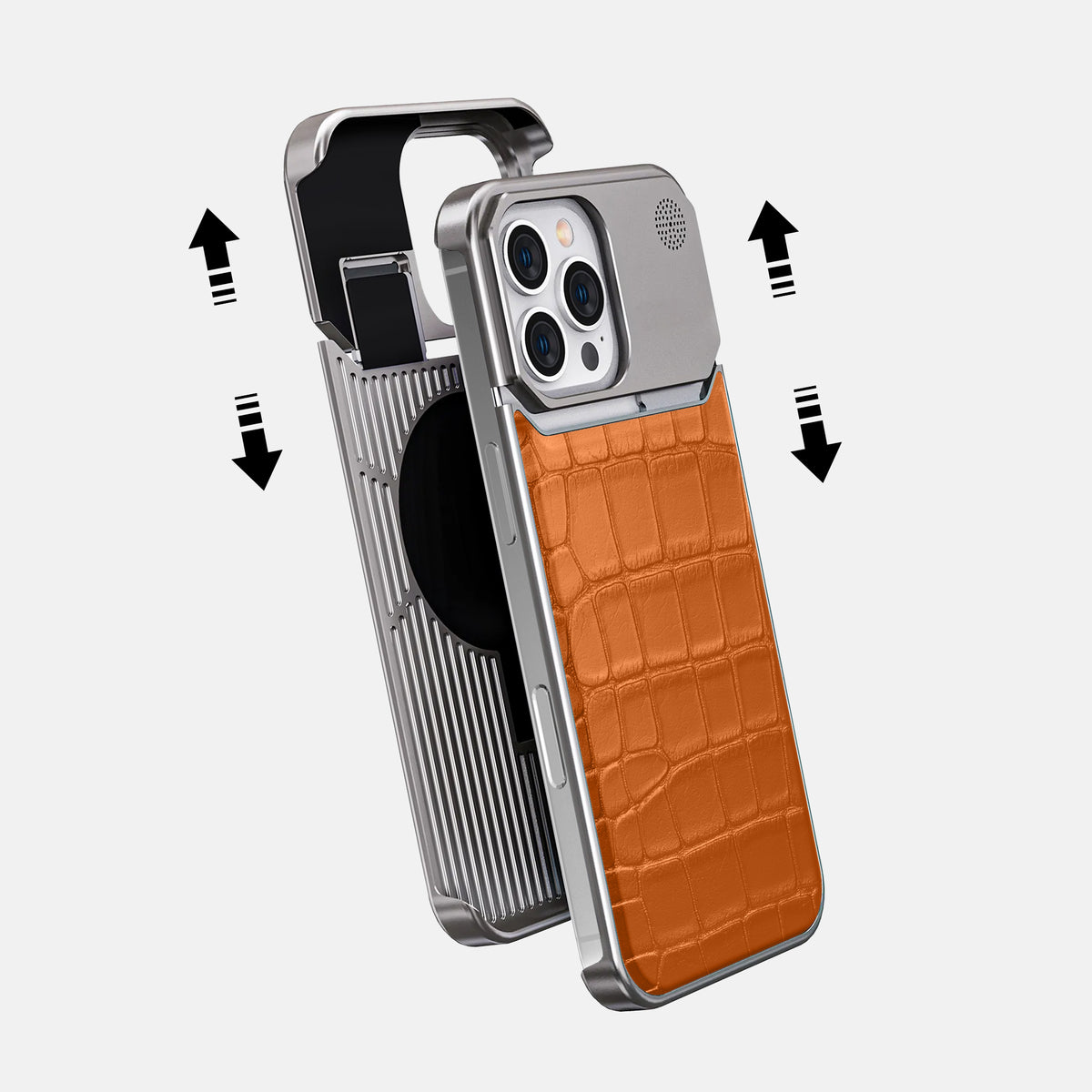 Orange iPhone 16 Pro Max Cyber Case In Alligator with Steel -2 | Orange-Steel