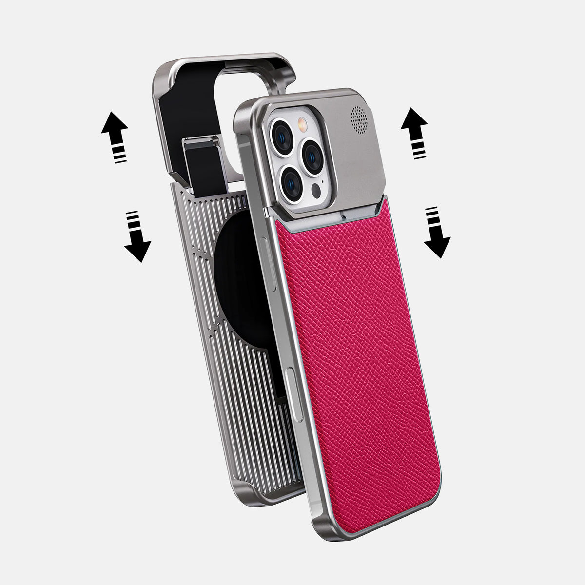 Fuchsia iPhone 16 Pro Max Cyber Case Epsom-Calf with Steel Metal -2 | Fuchsia-Steel