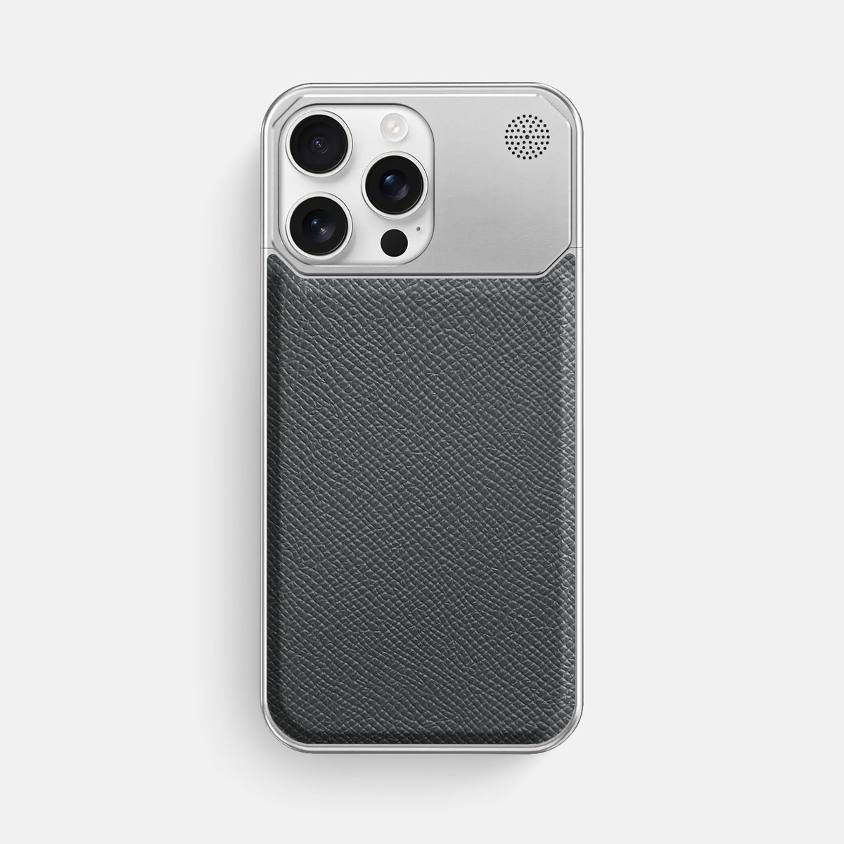 Grey iPhone 16 Pro Max Cyber Case Epsom-Calf with Steel Metal -1 | Grey-Steel