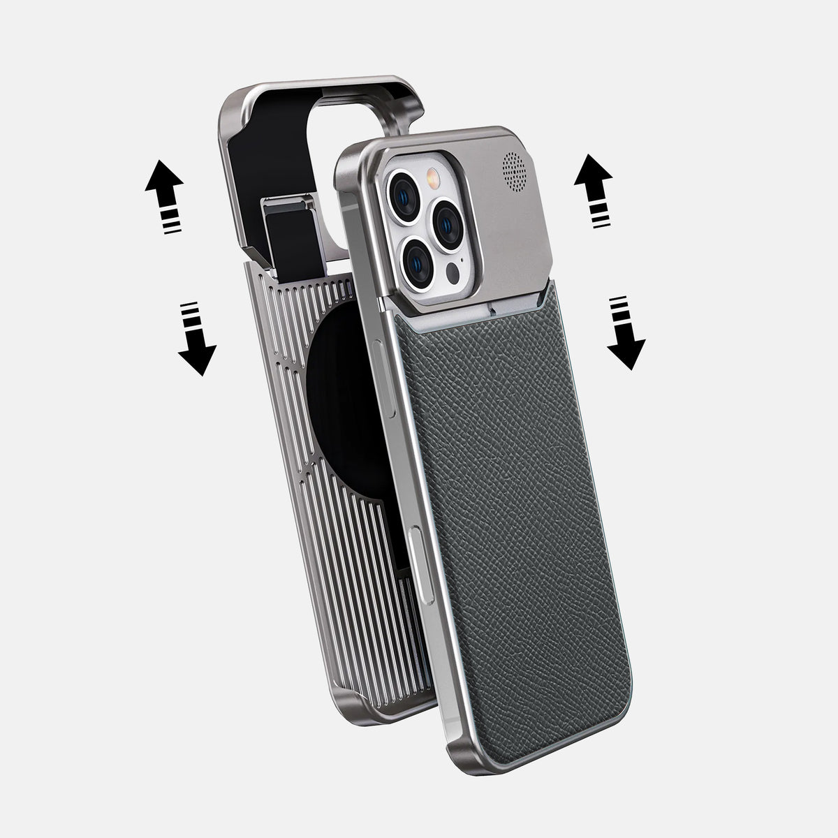 Grey iPhone 16 Pro Max Cyber Case Epsom-Calf with Steel Metal -2 | Grey-Steel