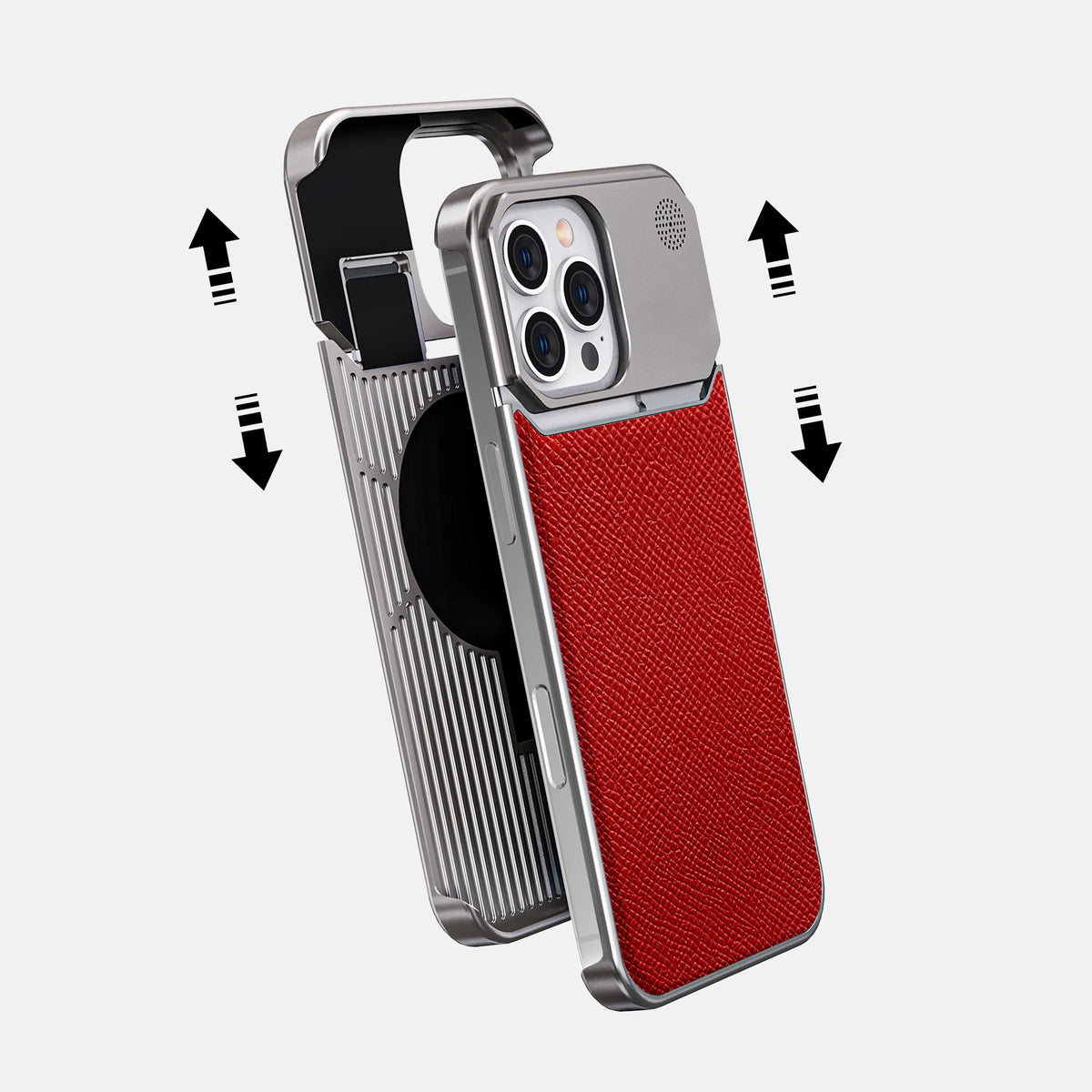 Red iPhone 16 Pro Max Cyber Case Epsom-Calf with Steel Metal -2 | Red-Steel