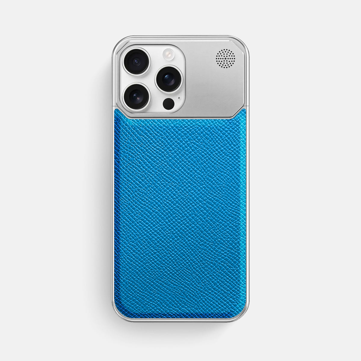 Sky-Blue iPhone 16 Pro Max Cyber Case Epsom-Calf with Steel Metal -1 | Sky-Blue-Steel