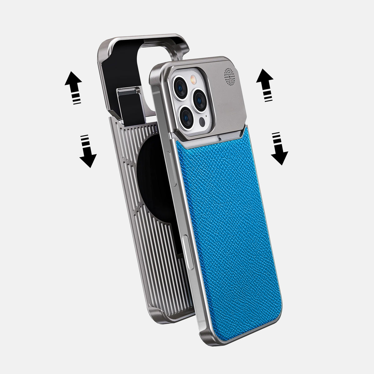 Sky-Blue iPhone 16 Pro Max Cyber Case Epsom-Calf with Steel Metal -2 | Sky-Blue-Steel