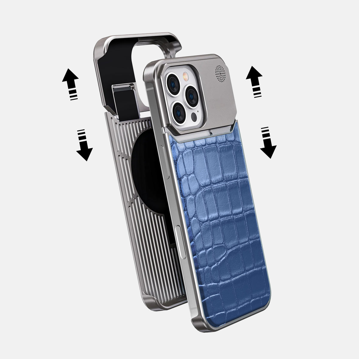 Pearlized-Blue iPhone 16 Pro Max Cyber Case Alligator with Steel -2 | Pearlized-Blue-Steel