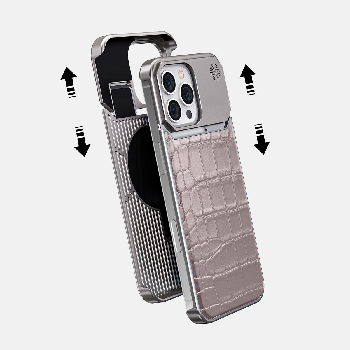 Pearlized-Pink iPhone 16 Pro Cyber Case Alligator with Steel -2 | Pearlized-Pink-Steel