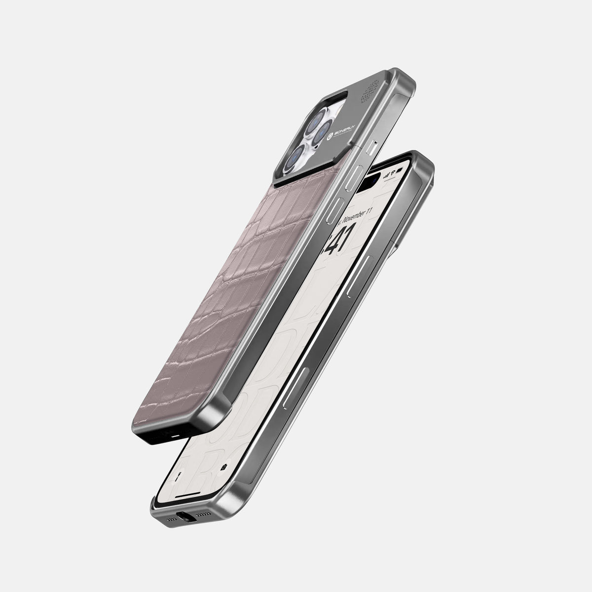 Pearlized-Pink iPhone 16 Pro Cyber Case Alligator with Steel -5 | Pearlized-Pink-Steel