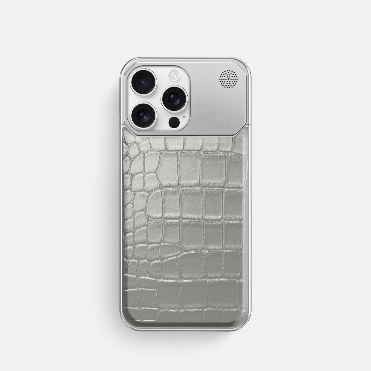 Pearlized-White iPhone 16 Pro Cyber Case Alligator with Steel -1 | Pearlized-White-Steel