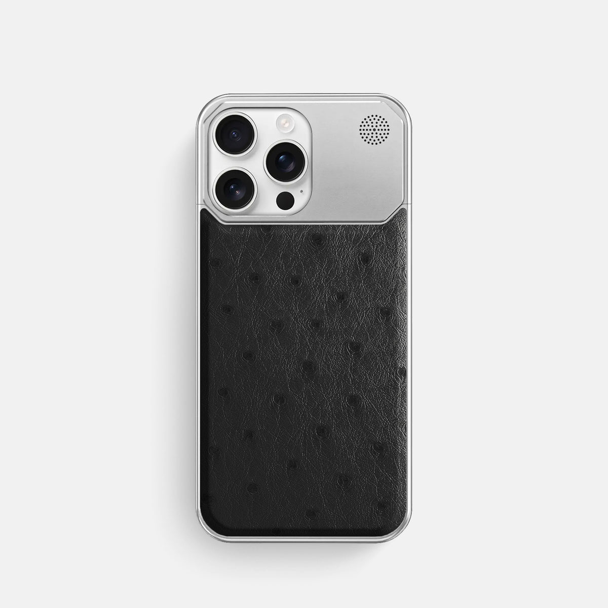 Black iPhone 16 Pro Cyber Case Ostrich with Black Metal -1 | Black-Steel