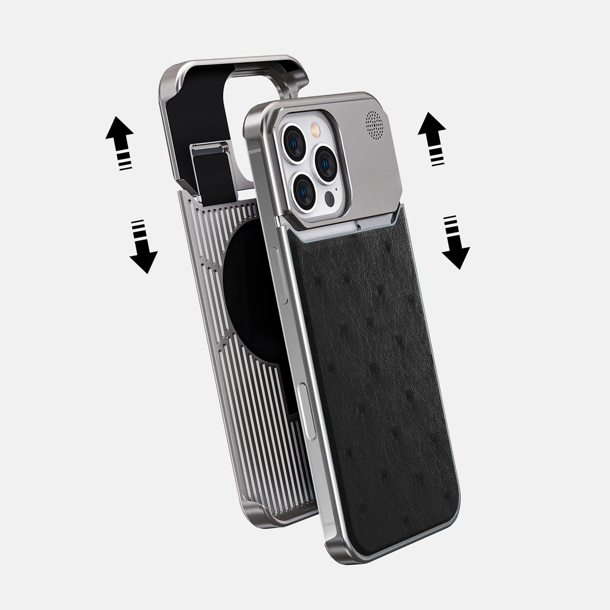 Black iPhone 16 Pro Cyber Case Ostrich with Black Metal -2 | Black-Steel