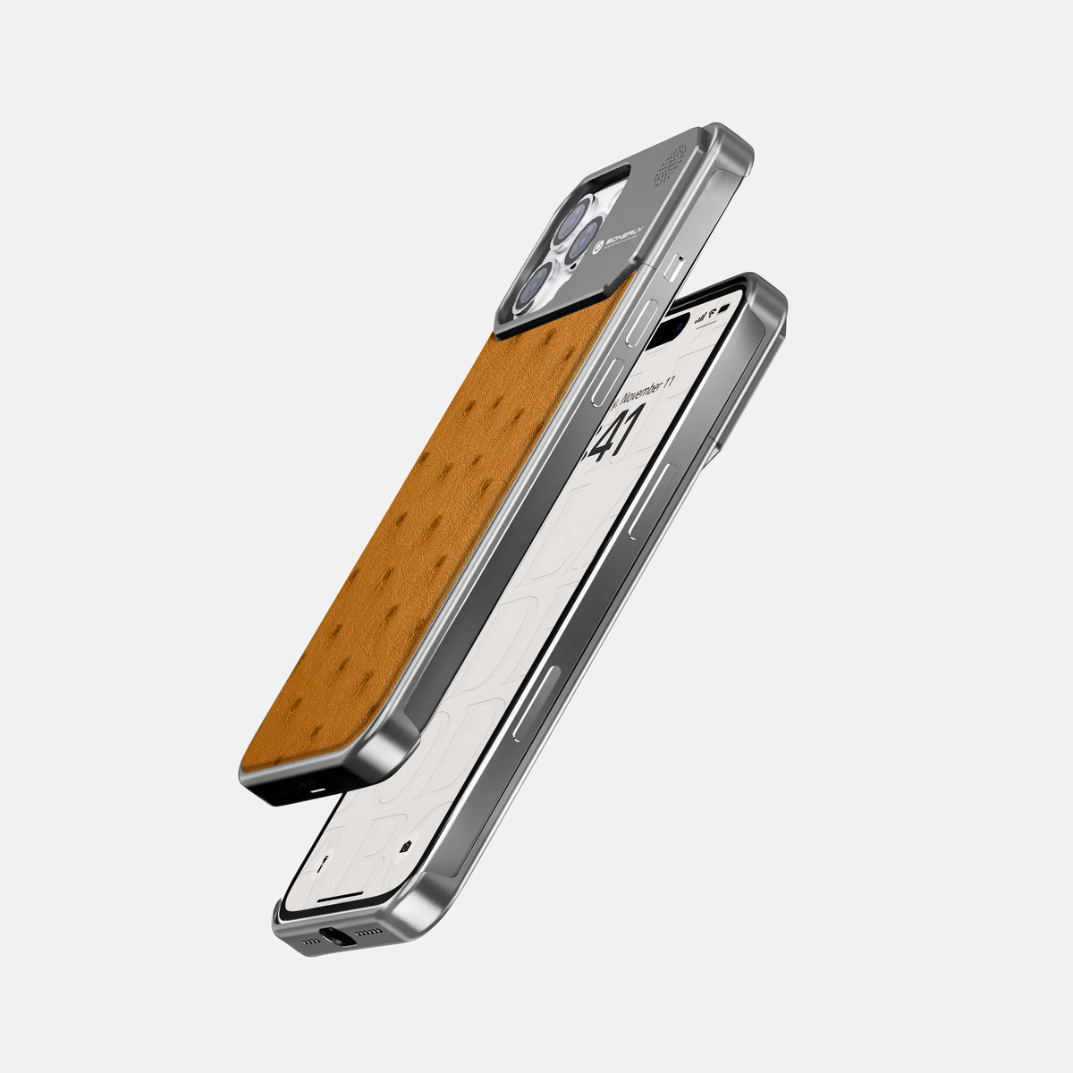 Chestnut iPhone 16 Pro Cyber Case Ostrich with Steel -5 | Chestnut-Steel