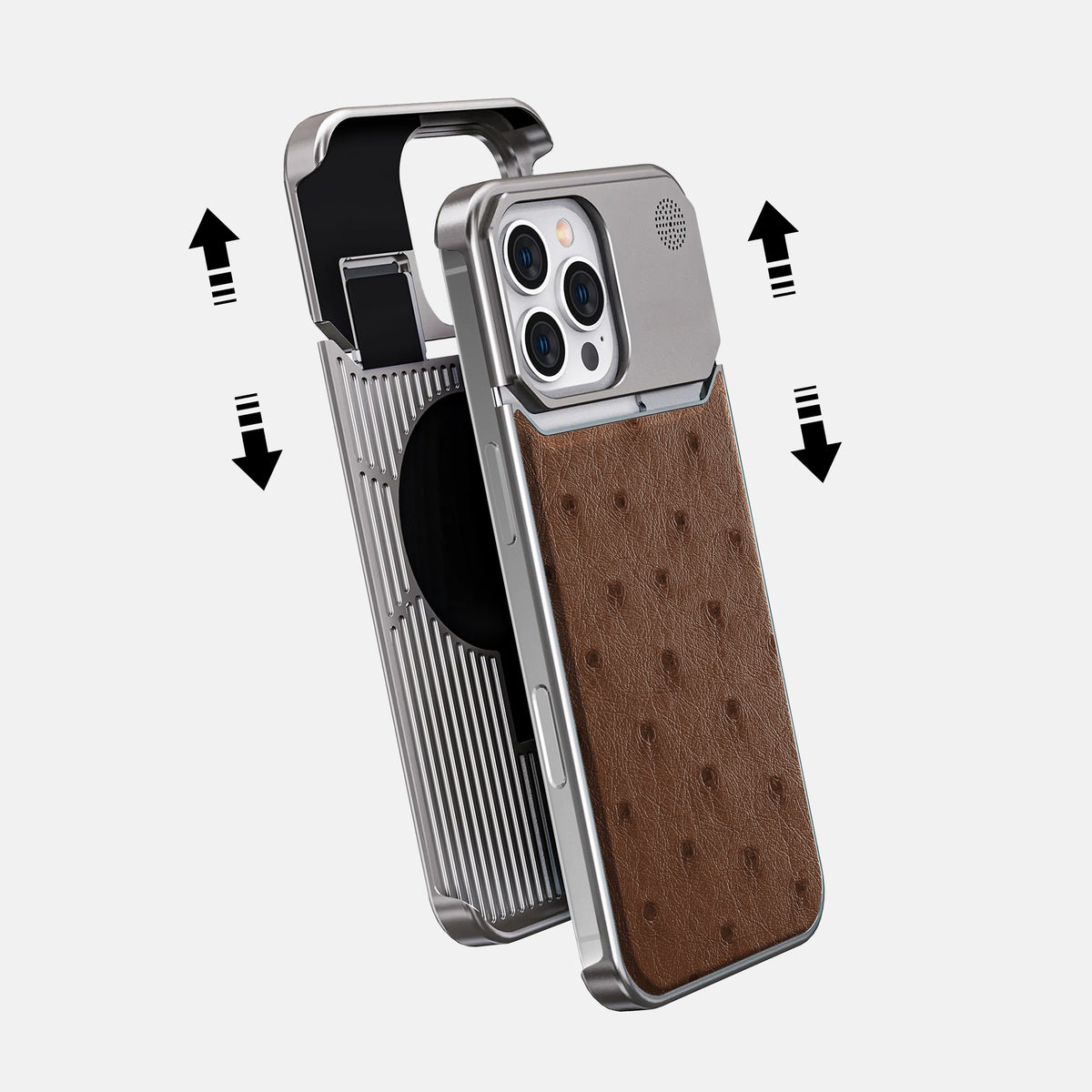 Chocolate iPhone 16 Pro Cyber Case Ostrich with Steel -2 | Chocolate-Steel