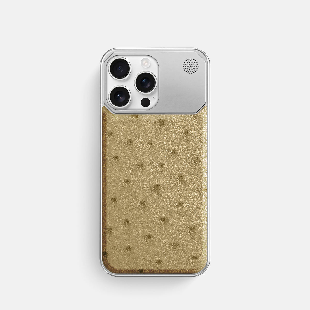 Desert-Sand iPhone 16 Pro Cyber Case Ostrich with Steel -1 | Desert-Sand-Steel