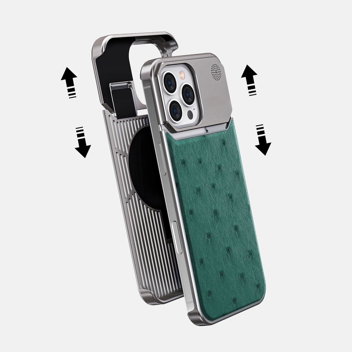 Forest-Green iPhone 16 Pro Cyber Case Ostrich with Steel -2 | Forest-Green-Steel