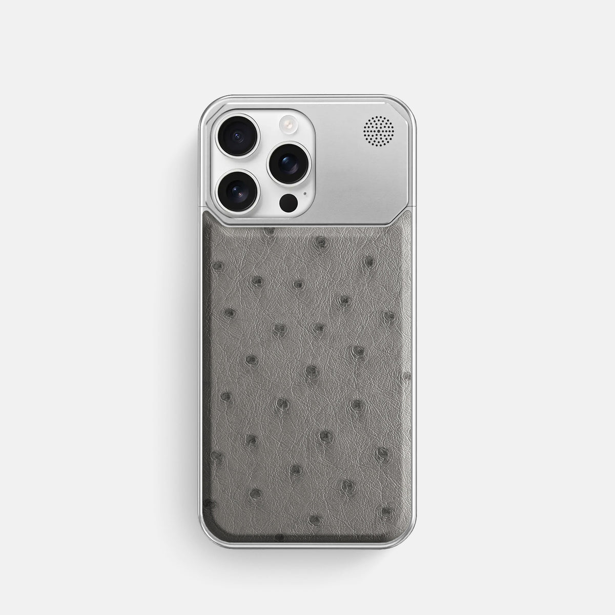 Grey iPhone 16 Pro Cyber Case Ostrich with Steel -1 | Grey-Steel